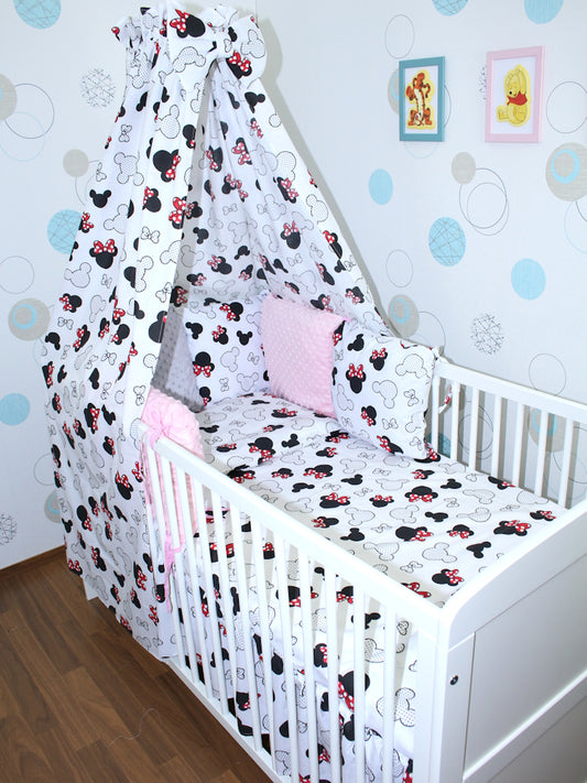 Baby Bettset mit MINKY Kissen Nestchen -Minnie - 5-8 teilig mit Vollstoff Himmel