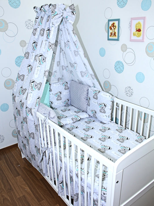 Baby Bettset mit MINKY Kissen Nestchen -Boy - 5-8 teilig mit Vollstoff Himmel