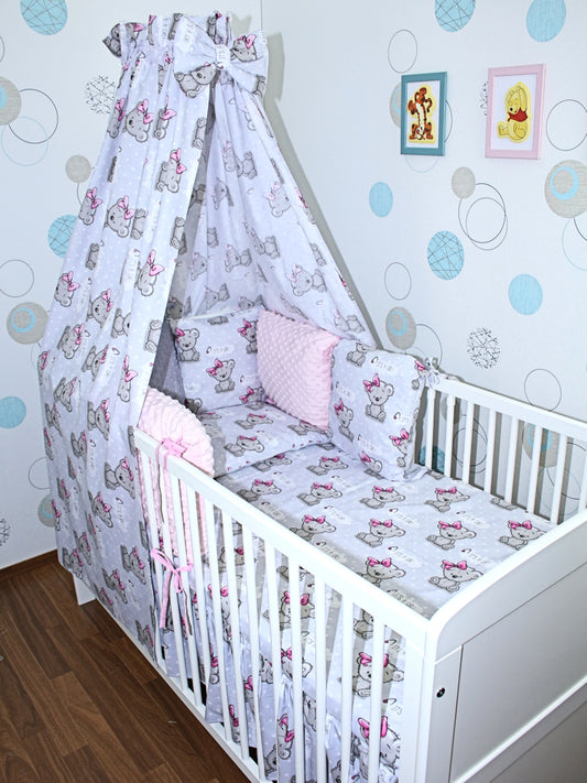 Baby Bettset mit MINKY Kissen Nestchen -Girl - 5-8 teilig mit Vollstoff Himmel