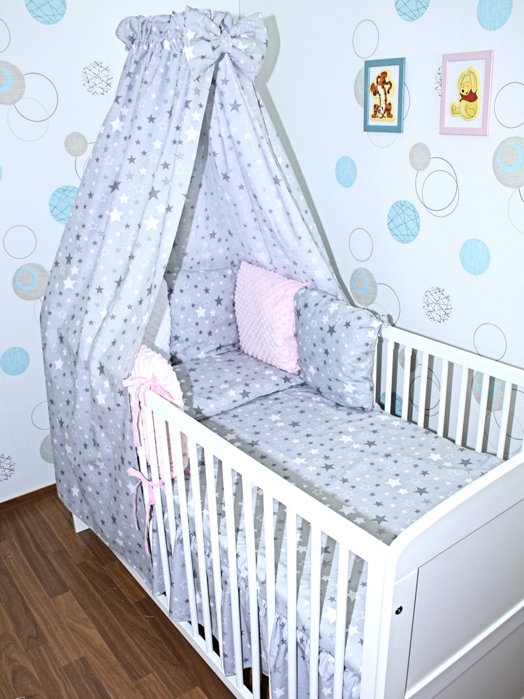 Baby Bettset mit MINKY Kissen Nestchen -Star Dunkel + Rosa - 5-11 teilig mit Vollstoff Himmel
