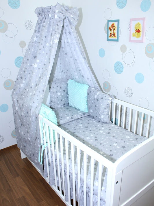 Baby Bettset mit MINKY Kissen Nestchen -Star Dunkel + Minze - 5-8 teilig mit Vollstoff Himmel