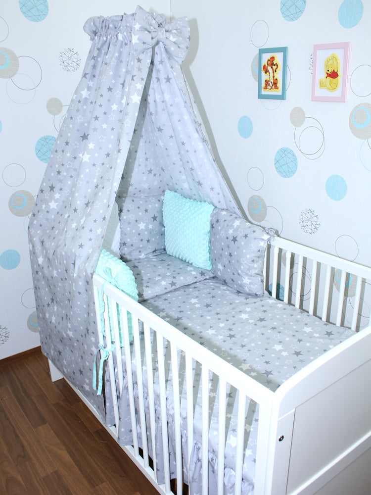 Baby Bettset mit MINKY Kissen Nestchen -Star Dunkel + Minze - 5-11 teilig mit Vollstoff Himmel