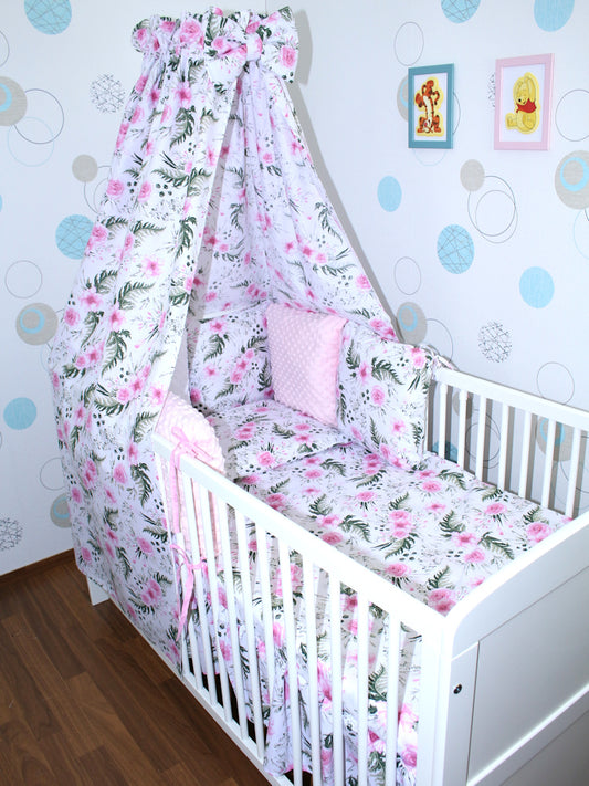 Bettset mit MINKY Kissen Nestchen - Flowers - 5-8 teilig mit Vollstoff Himmel