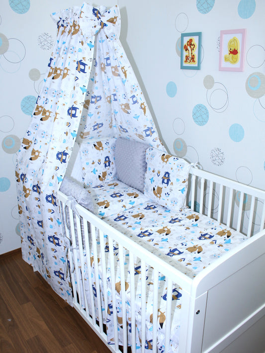 Bettset mit MINKY Kissen Nestchen - Waldtiere - 5-8 teilig mit Vollstoff Himmel
