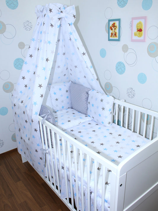 Bettset mit MINKY Kissen Nestchen - Star in Blau - 5-8 teilig mit Vollstoff Himmel