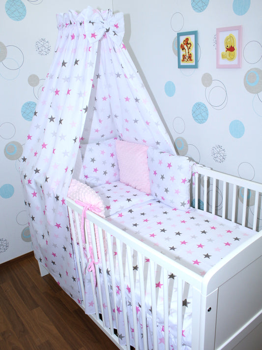 Baby Bettset mit MINKY Kissen Nestchen -Star Hell + Rosa - 5-8 teilig mit Vollstoff Himmel