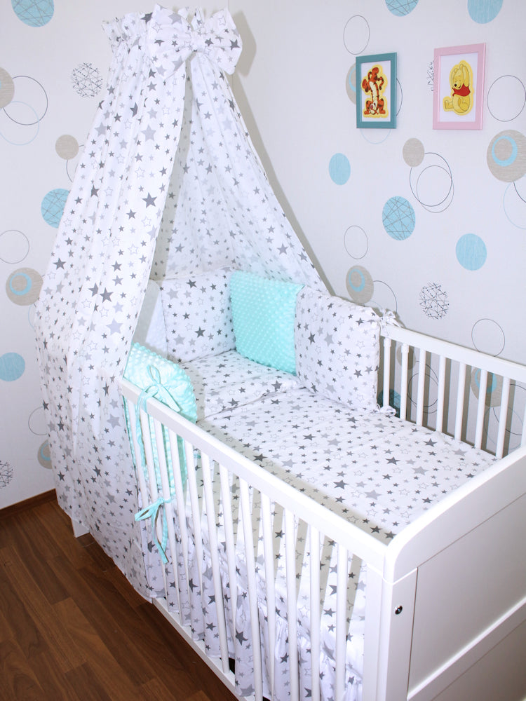 Bettset mit MINKY Kissen Nestchen - Star Hell + Minze - 5-8 teilig mit Vollstoff Himmel