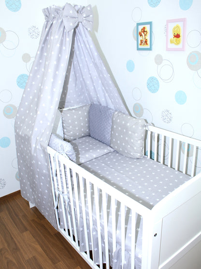 Bettset mit MINKY Kissen Nestchen -Sternchen auf Grau + Grau - 5-8 teilig mit Vollstoff Himmel