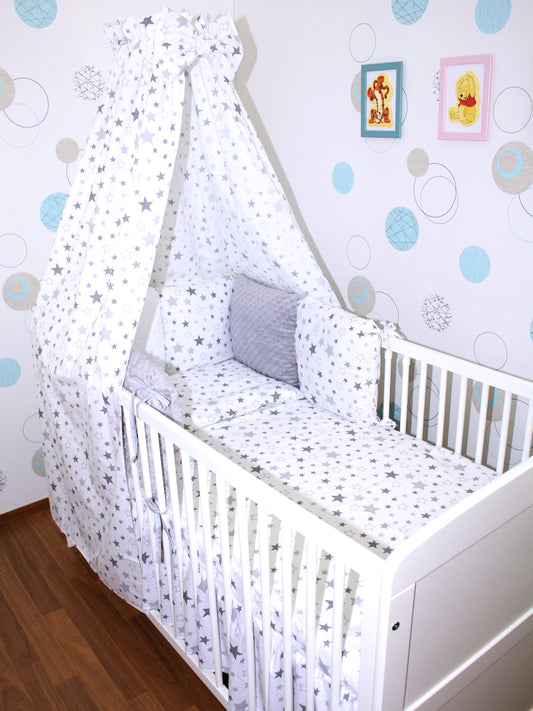 Bettset mit MINKY Kissen Nestchen -Star Hell+ Grau - 5-8 teilig mit Vollstoff Himmel