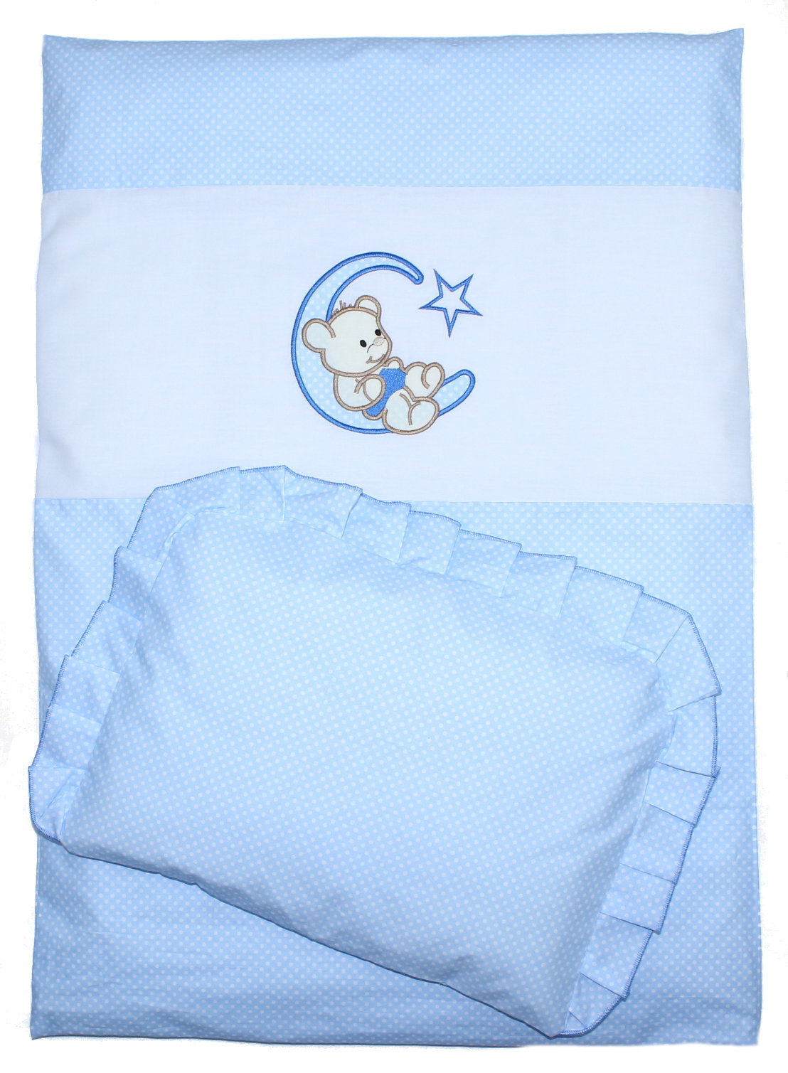 2- 4tlg Kinderwagenset - Bärchen Mond - Punkten Blau - Bettwäsche für Kinderwagen Bezüge Decke Kissen