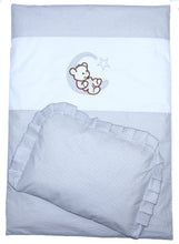 Lade das Bild in den Galerie-Viewer, 2- 4tlg Kinderwagenset - Bärchen Mond - Punkten Grau - Bettwäsche für Kinderwagen Bezüge Decke Kissen
