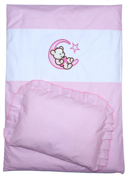 2- 4tlg Kinderwagenset - Bärchen Mond - Punkten Rosa - Bettwäsche für Kinderwagen Bezüge Decke Kissen