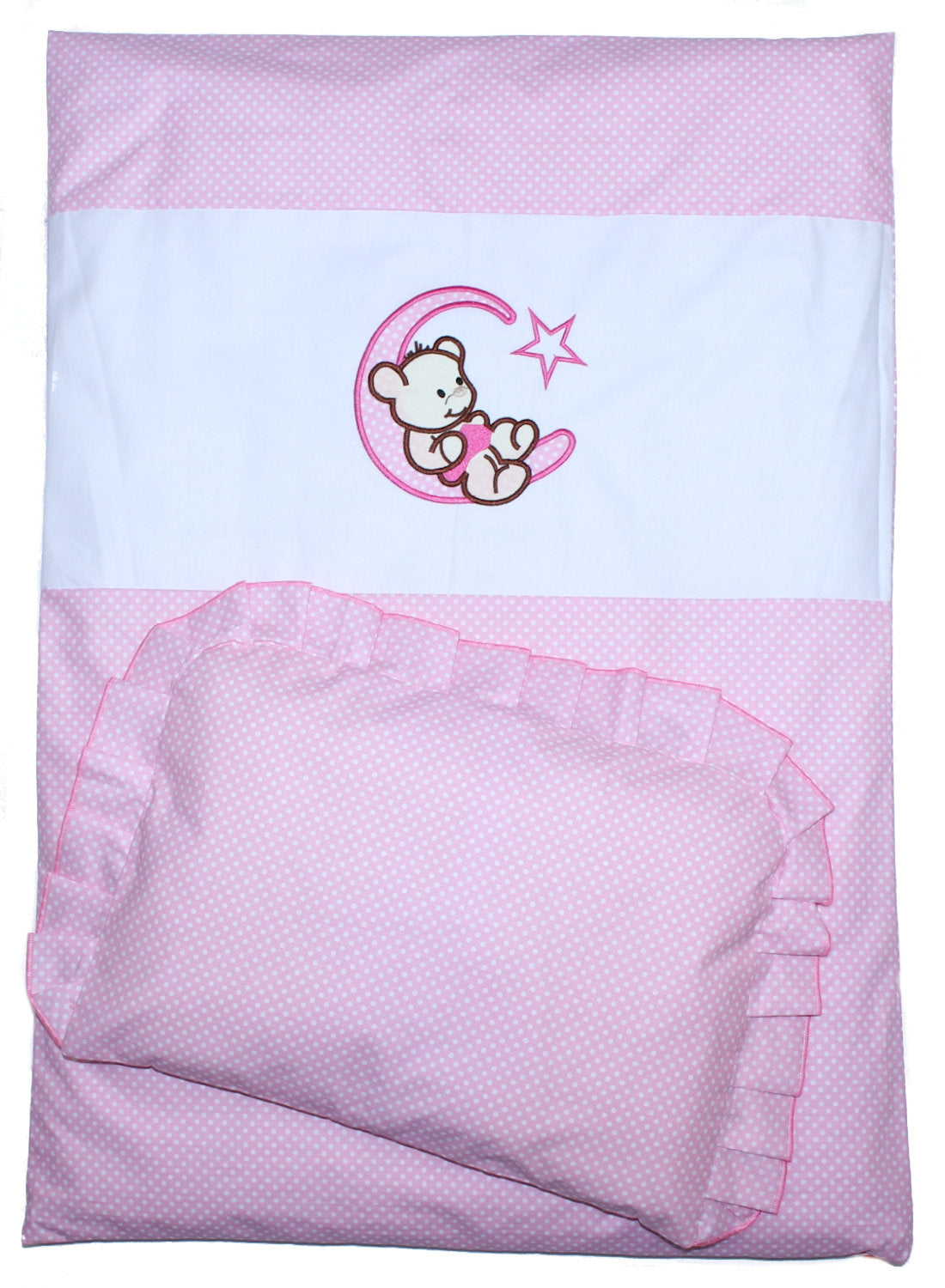 2- 4tlg Kinderwagenset - Bärchen Mond - Punkten Rosa - Bettwäsche für Kinderwagen Bezüge Decke Kissen