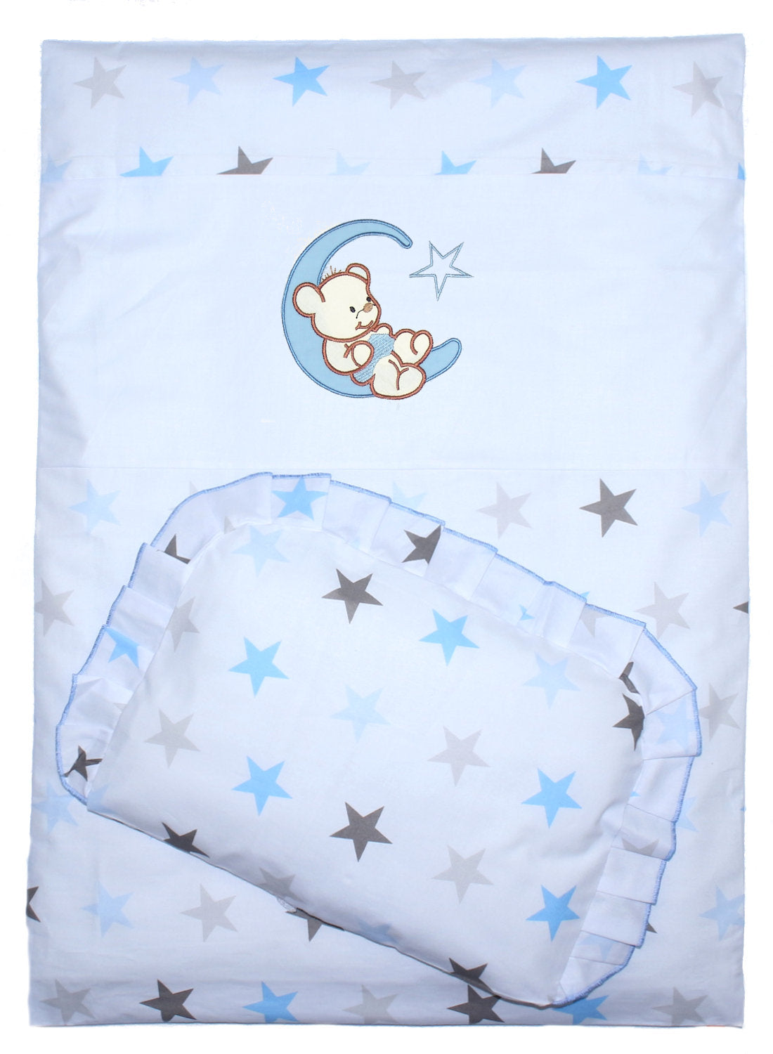 2- 4tlg Kinderwagenset - Bärchen Mond - Star Blau - Bettwäsche für Kinderwagen Bezüge Decke Kissen