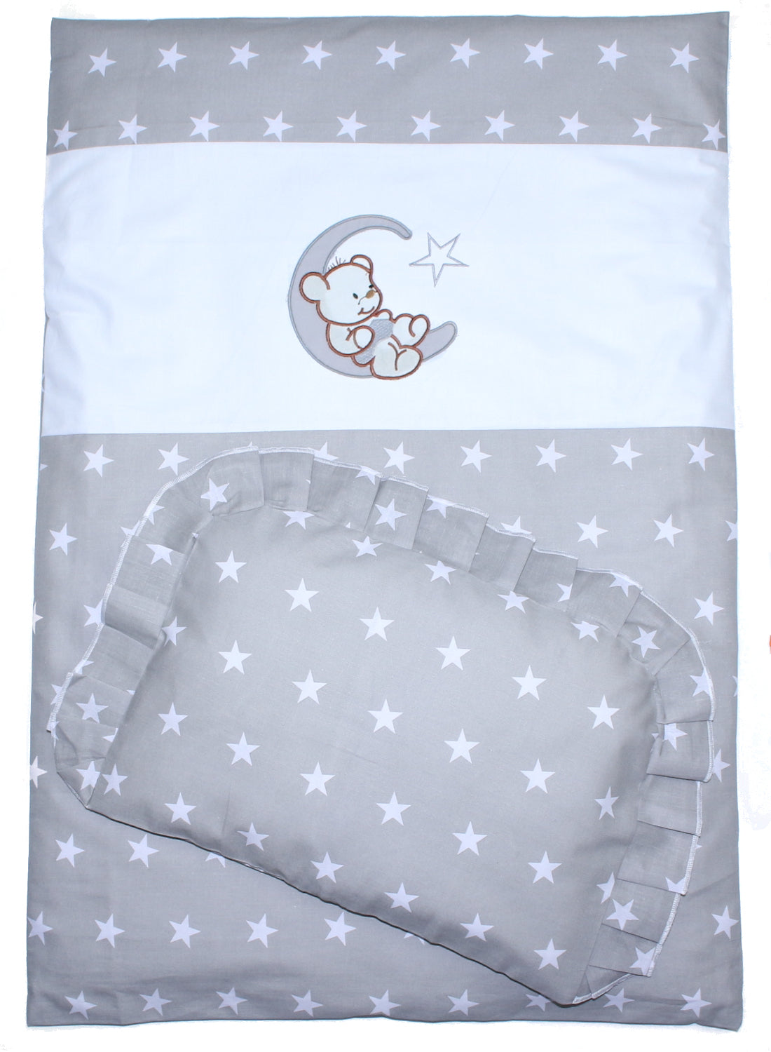 2- 4tlg Kinderwagenset - Bärchen Mond - Sterne auf Grau- Bettwäsche für Kinderwagen Bezüge Decke Kissen