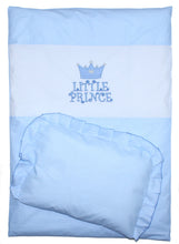Lade das Bild in den Galerie-Viewer, 2- 4tlg Kinderwagenset - Prince - Punkten Blau - Bettwäsche für Kinderwagen Bezüge Decke Kissen
