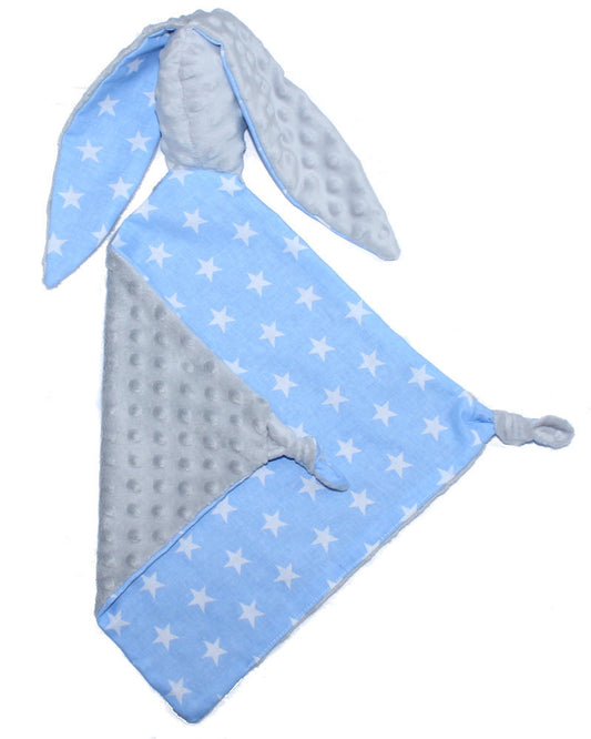 Schmusetuch Minky - Hase mit Namen - Sterne auf Blau + Grau- Schnuffeltuch