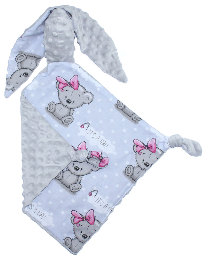 Schmusetuch Minky - Hase mit Namen - Girl + Grau- Schnuffeltuch