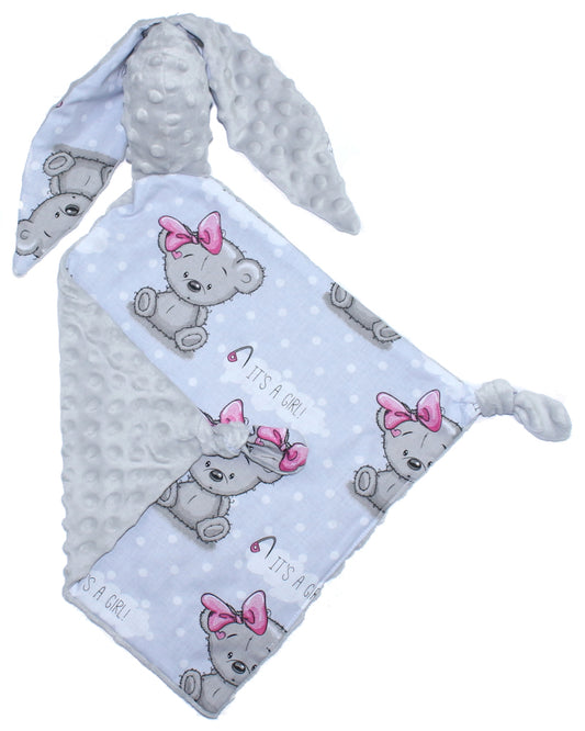 Schmusetuch Minky - Hase mit Namen - Girl + Grau- Schnuffeltuch