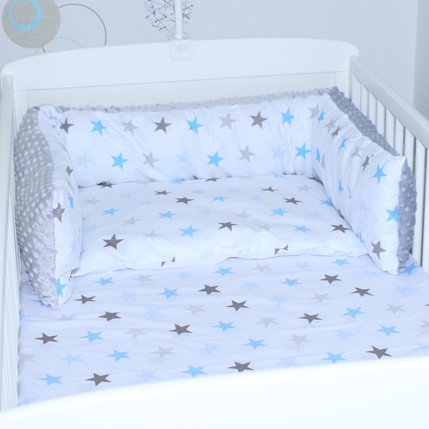 Bettschlange MINKY - Star Blau + Grau - Bettrolle Nestchen  Nackenrolle