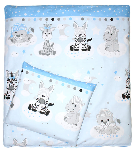 2-4 teiliges Bettwäsche Set - Zoo in Blau - 70x78 cm für Wiege Beistellbett Kinderwagen