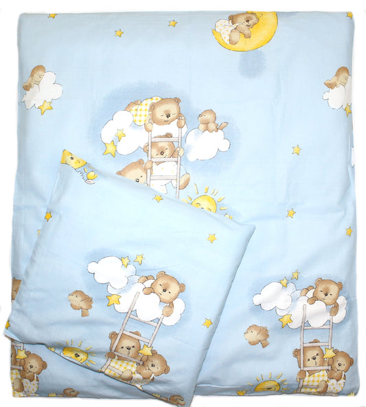 2-4 teiliges Bettwäsche Set - Bärchen auf Leitern Blau - 70x78 cm für Wiege Beistellbett Kinderwagen