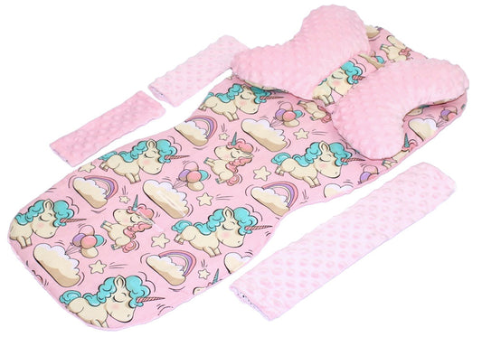 Doppelseitige Sitzauflage MINKY - Einhorn+Rosa- 5 teiliges Set mit Schmetterling Kissen