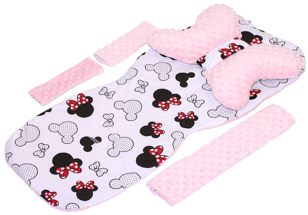 Doppelseitige Sitzauflage MINKY - Minnie+Rosa- 5 teiliges Set mit Schmetterling Kissen
