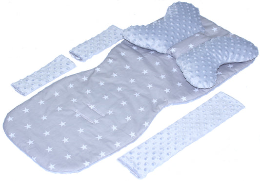 Doppelseitige Sitzauflage MINKY - Sternchen auf Grau+Grau- 5 teiliges Set mit Schmetterling Kissen