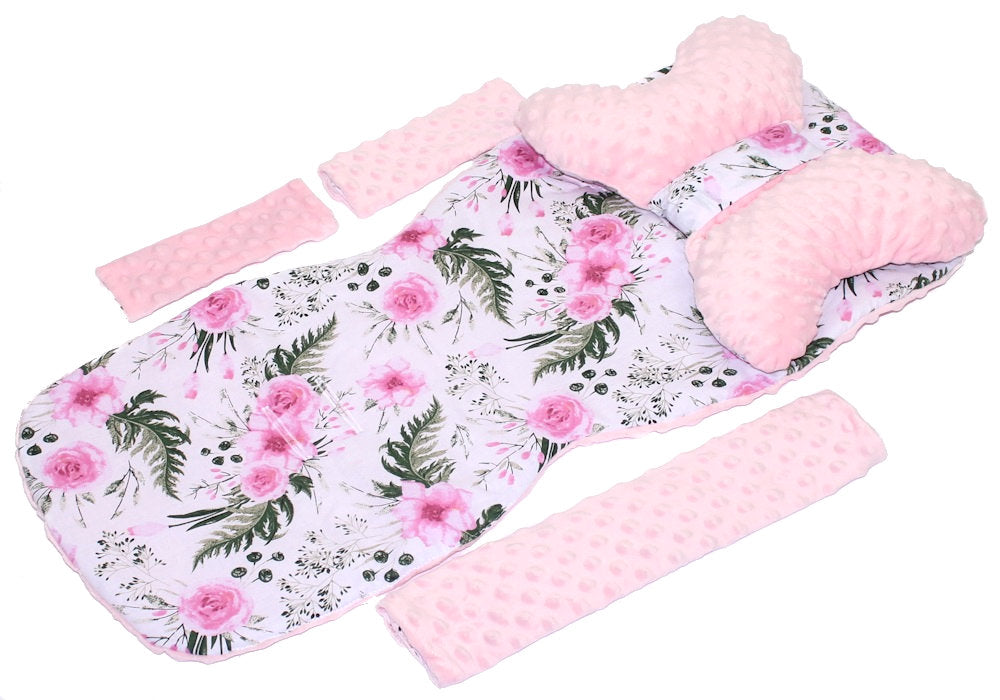 Doppelseitige Sitzauflage MINKY - Flowers+Rosa- 5 teiliges Set mit Schmetterling Kissen