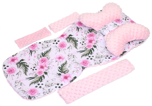 Doppelseitige Sitzauflage MINKY - Flowers+Rosa- 5 teiliges Set mit Schmetterling Kissen