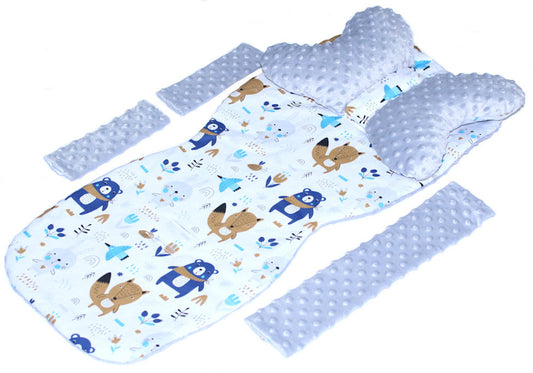 Doppelseitige Sitzauflage MINKY - Waldtiere+Grau- 5 teiliges Set mit Schmetterling Kissen