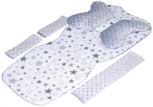 Doppelseitige Sitzauflage MINKY - Star Hell+Grau- 5 teiliges Set mit Schmetterling Kissen