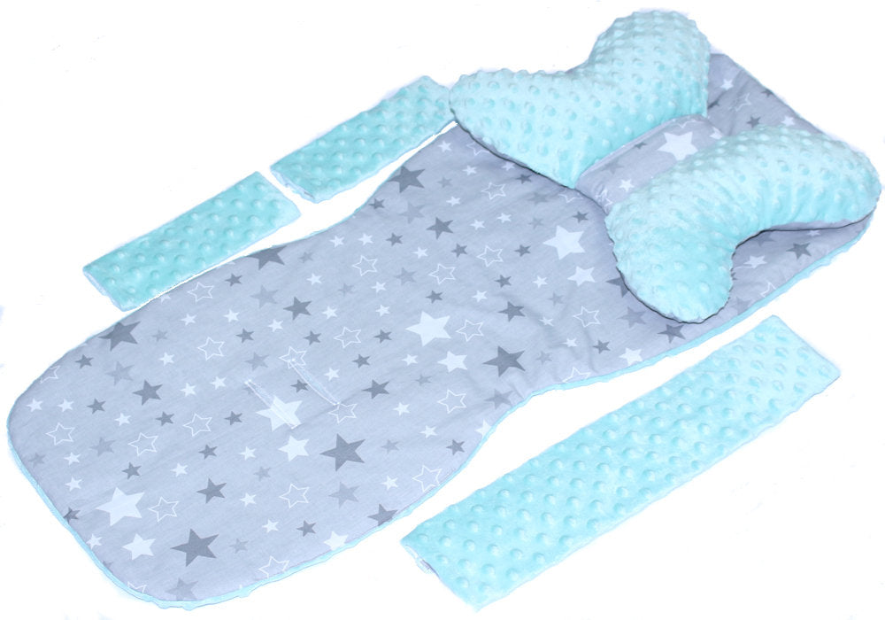 Doppelseitige Sitzauflage MINKY - Star Dunkel+Minze- 5 teiliges Set mit Schmetterling Kissen
