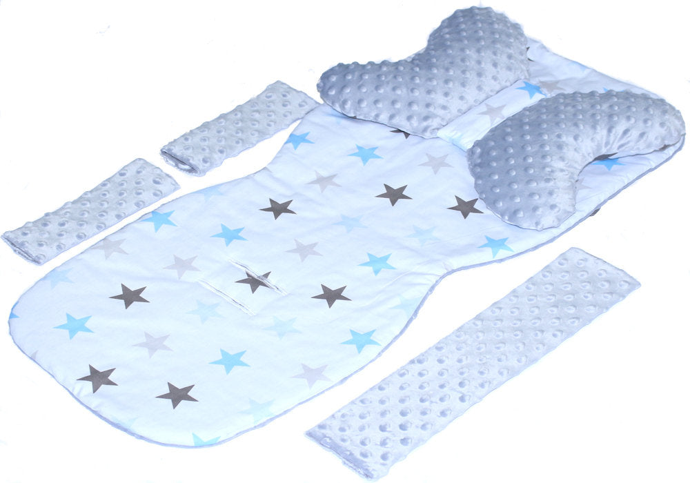 Doppelseitige Sitzauflage MINKY - Star Blau+Grau- 5 teiliges Set mit Schmetterling Kissen