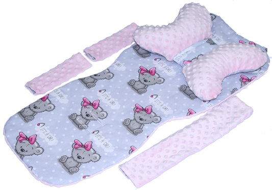 Doppelseitige Sitzauflage MINKY - Girl+Rosa- 5 teiliges Set mit Schmetterling Kissen