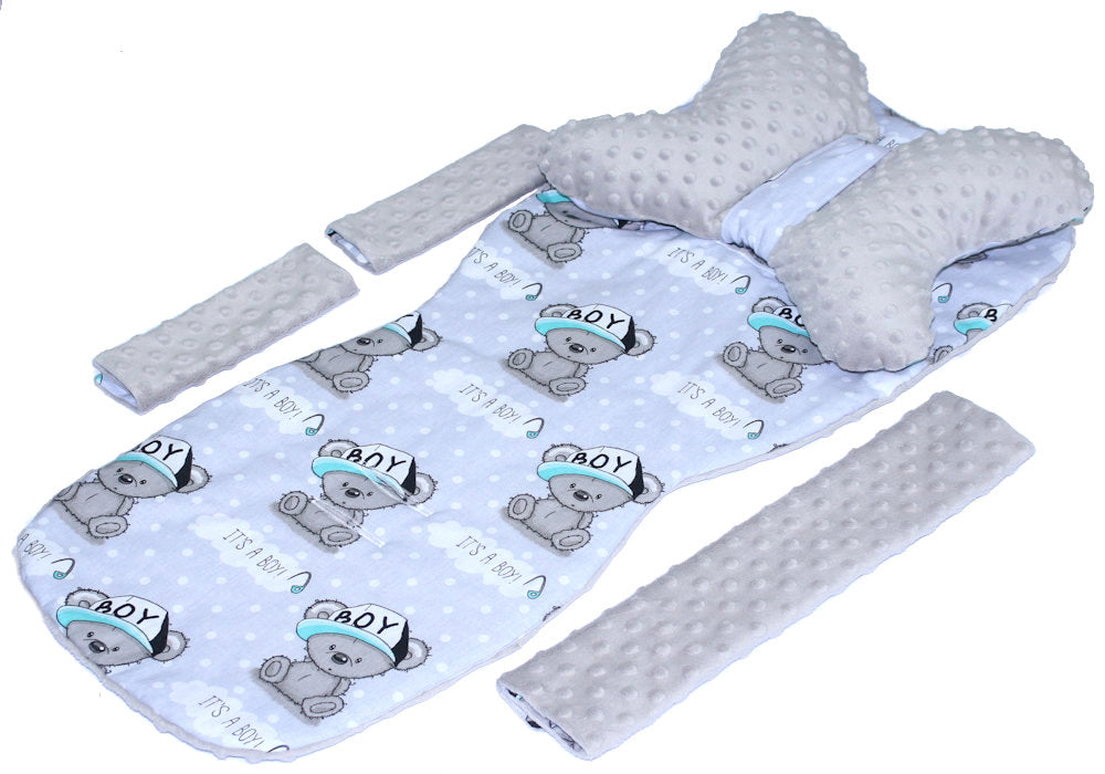 Doppelseitige Sitzauflage MINKY - Boy+Grau- 5 teiliges Set mit Schmetterling Kissen