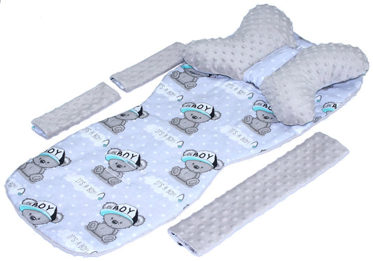 Doppelseitige Sitzauflage MINKY - Boy+Grau- 5 teiliges Set mit Schmetterling Kissen