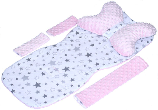 Doppelseitige Sitzauflage MINKY - Star Hell+Rosa- 5 teiliges Set mit Schmetterling Kissen