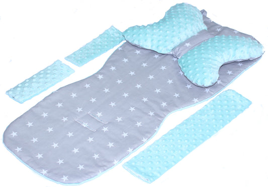 Doppelseitige Sitzauflage MINKY - Sternchen auf Grau+Minze- 5 teiliges Set mit Schmetterling Kissen
