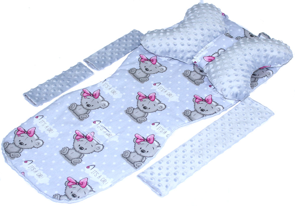 Doppelseitige Sitzauflage MINKY - Girl+Grau- 5 teiliges Set mit Schmetterling Kissen