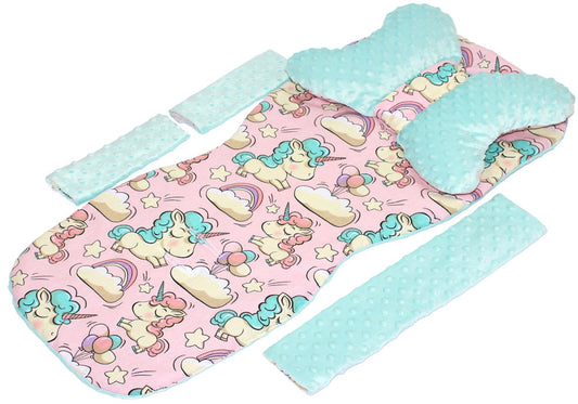 Doppelseitige Sitzauflage MINKY - Einhorn+Minze- 5 teiliges Set mit Schmetterling Kissen