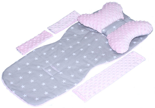 Doppelseitige Sitzauflage MINKY - Sternchen auf Grau+Rosa- 5 teiliges Set mit Schmetterling Kissen