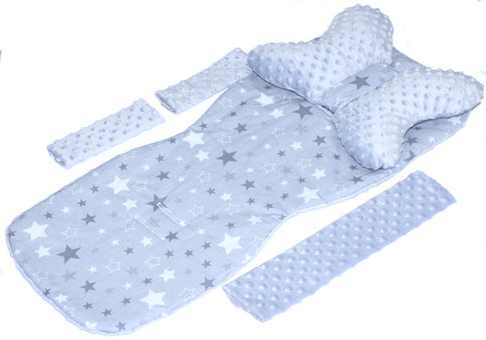 Doppelseitige Sitzauflage MINKY - Star Dunkel+Grau- 5 teiliges Set mit Schmetterling Kissen