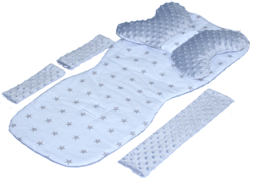 Doppelseitige Sitzauflage MINKY - Sternchen auf Weiß+Grau- 5 teiliges Set mit Schmetterling Kissen