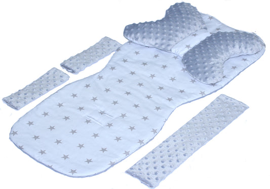 Doppelseitige Sitzauflage MINKY - Sternchen auf Weiß+Grau- 5 teiliges Set mit Schmetterling Kissen
