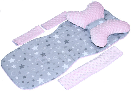 Doppelseitige Sitzauflage MINKY - Star Dunkel+Rosa- 5 teiliges Set mit Schmetterling Kissen