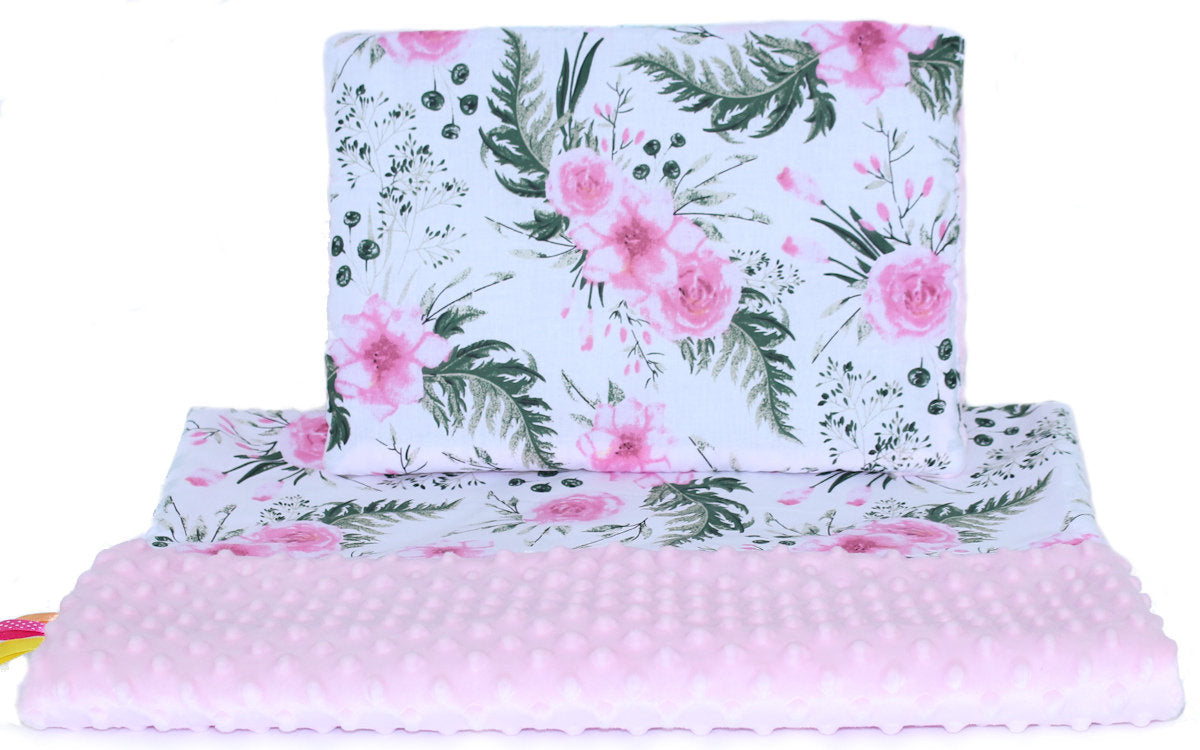Minky Kinderwagenset - Flowers + Rosa - Bettwäsche  Kuscheldecke Decke
