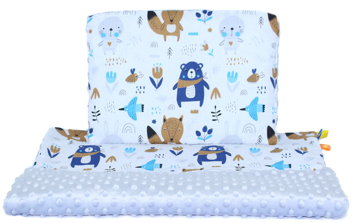 Minky Kinderwagenset - Waldtiere + Grau - Bettwäsche  Kuscheldecke Decke