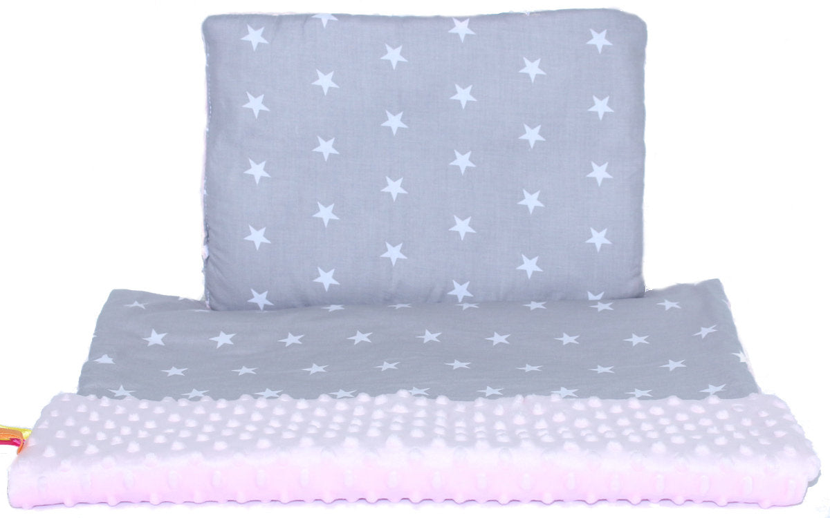 Minky Kinderwagenset - Sternchen auf Grau + Rosa - Bettwäsche  Kuscheldecke Decke